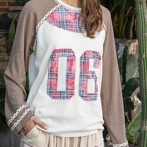 B64 NWT POL Mocha Brown Raglan Long Sleeve Top Plaid Accents Ribbed Sm Md Lg